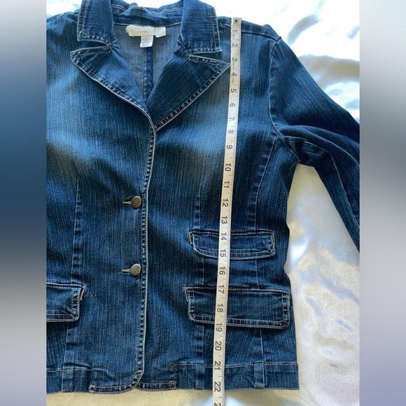 Casual Corner Denim Blazer Jean Jacket Dark Blue Stretch Notch Lapel Size 8 - Picture 7 of 11